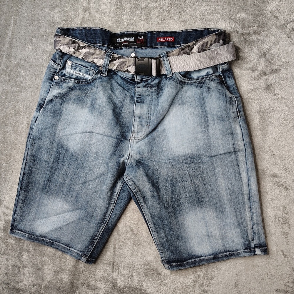 Ecko Unltd Relaxed Denim Shorts Mens 36 Blue Acid Wash Camo Belt Streetwear
